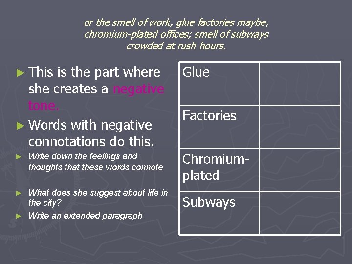 or the smell of work, glue factories maybe, chromium-plated offices; smell of subways crowded