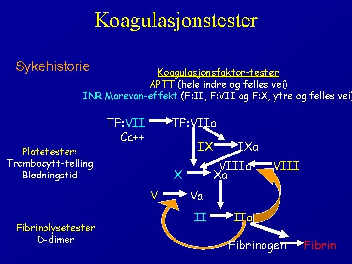 Koagulasjonstester Sykehistorie Koagulasjonsfaktor-tester APTT (hele indre og felles vei) INR Marevan-effekt (F: II, F: