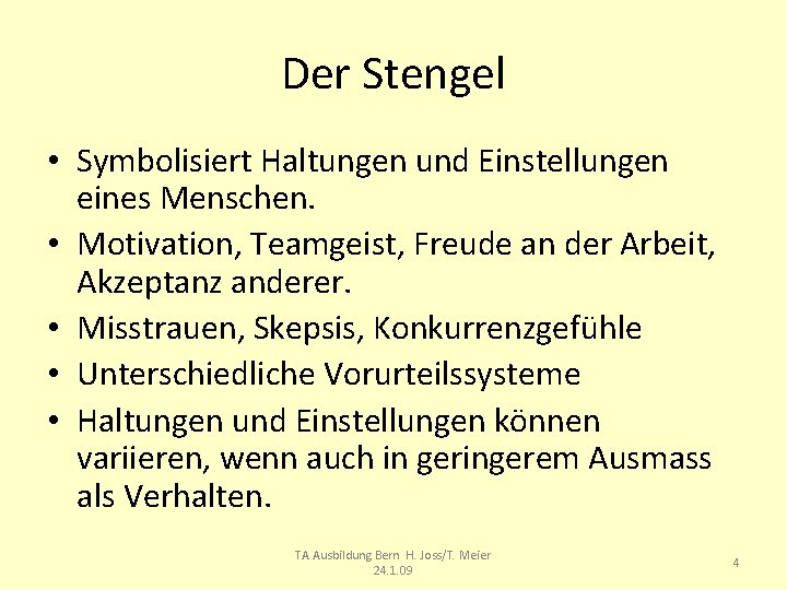 Der Stengel • Symbolisiert Haltungen und Einstellungen eines Menschen. • Motivation, Teamgeist, Freude an