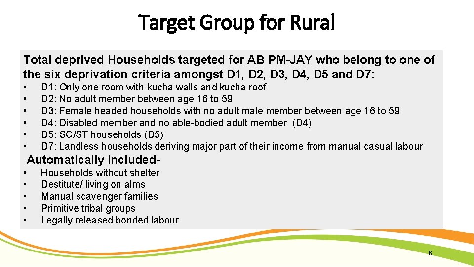 Target Group for Rural Total deprived Households targeted for AB PM-JAY who belong to