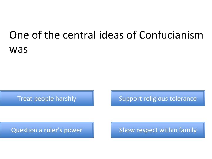 One of the central ideas of Confucianism was Treat people harshly Support religious tolerance