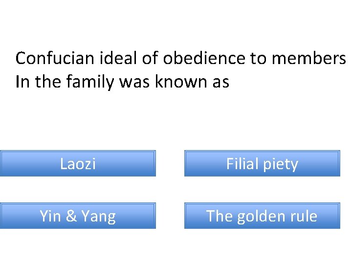 Confucian ideal of obedience to members In the family was known as Laozi Filial
