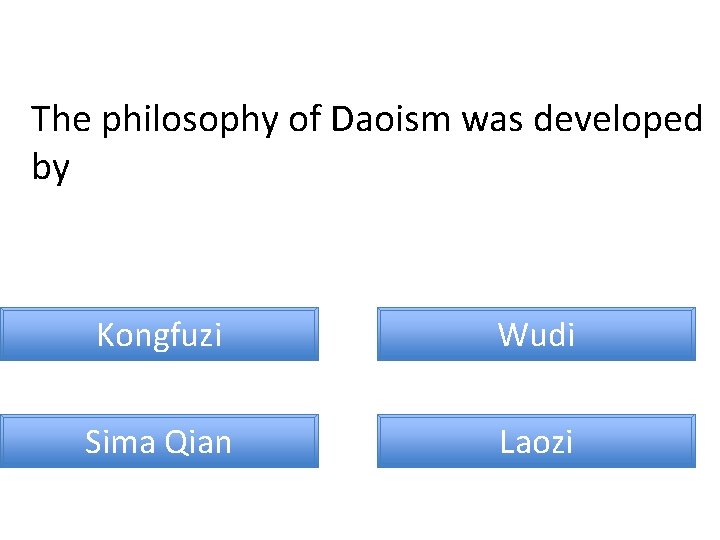 The philosophy of Daoism was developed by Kongfuzi Wudi Sima Qian Laozi 