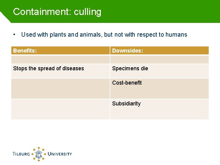 Containment: culling • Used with plants and animals, but not with respect to humans