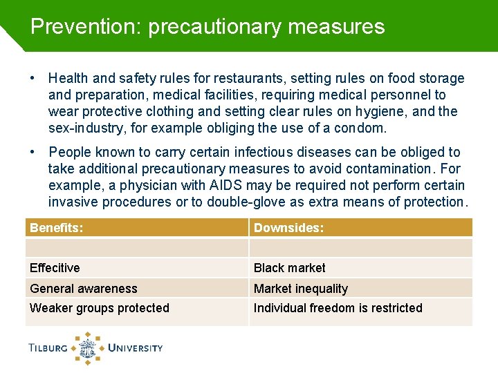 Prevention: precautionary measures • Health and safety rules for restaurants, setting rules on food