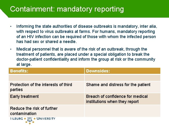 Containment: mandatory reporting • Informing the state authorities of disease outbreaks is mandatory, inter