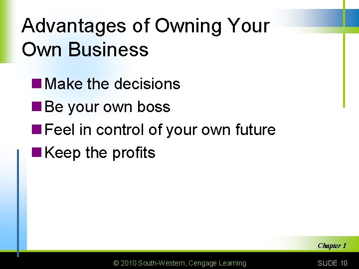 Advantages of Owning Your Own Business n Make the decisions n Be your own