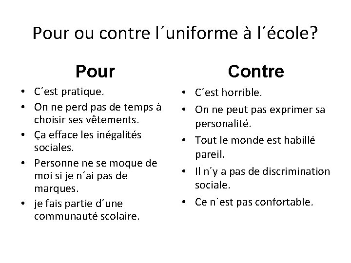 Pour ou contre l´uniforme à l´école? Pour Contre • C´est pratique. • On ne