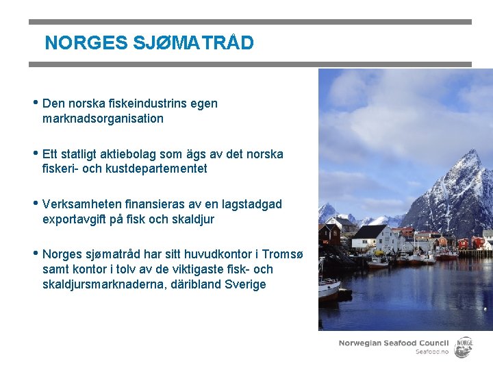 NORGES SJØMATRÅD • Den norska fiskeindustrins egen marknadsorganisation • Ett statligt aktiebolag som ägs