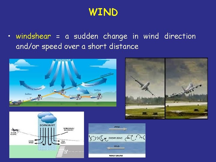 WIND • windshear = a sudden change in wind direction and/or speed over a