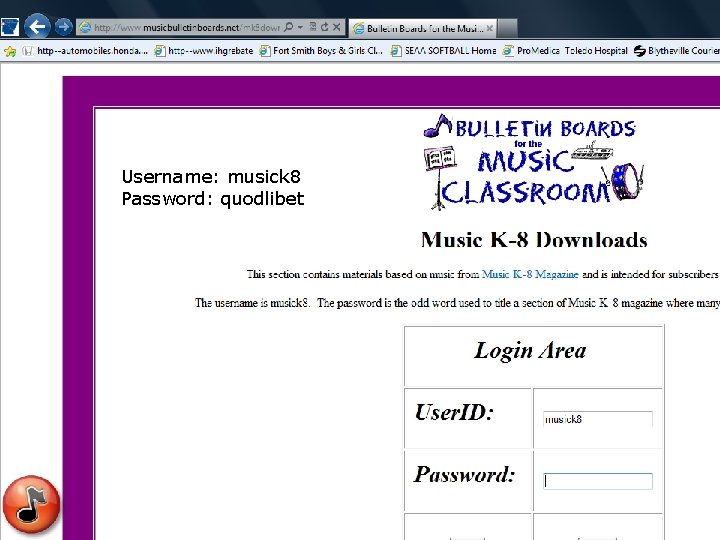 Username: musick 8 Password: quodlibet Username: musick 8 Password: quodlibet