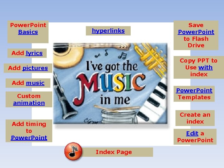 Power. Point Basics hyperlinks Save Power. Point to Flash Drive Add lyrics Copy PPT