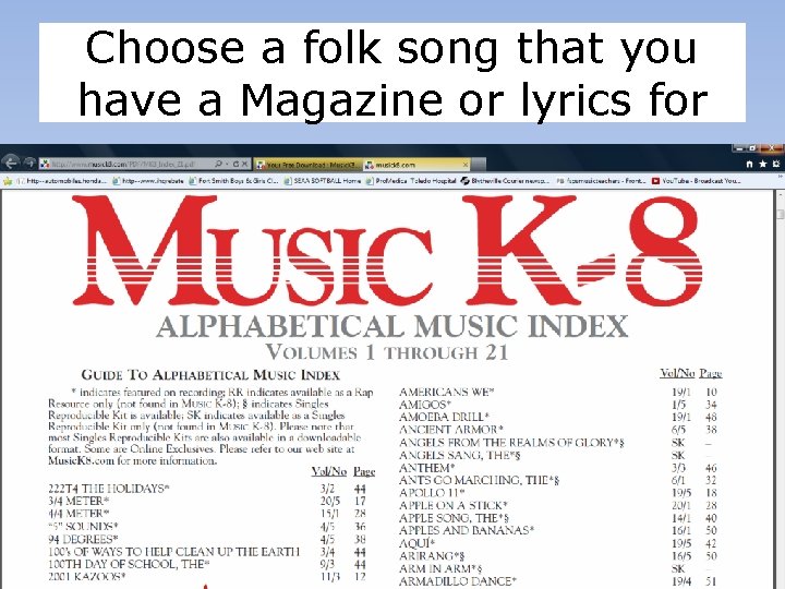 Choose a folk song that you have a Magazine or lyrics for 