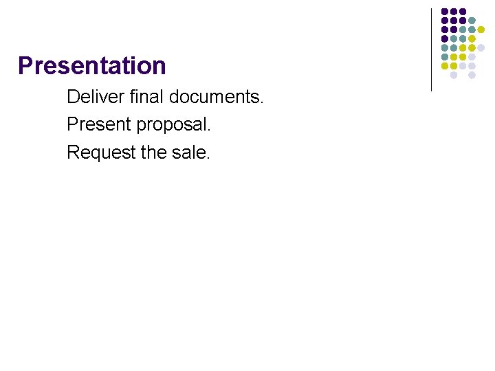 Presentation Deliver final documents. Present proposal. Request the sale. 
