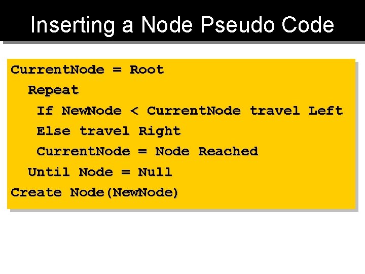 Inserting a Node Pseudo Code Current. Node = Root Repeat If New. Node < Inserting a Node Pseudo Code Current. Node = Root Repeat If New. Node <