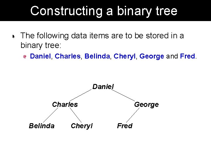 Constructing a binary tree The following data items are to be stored in a Constructing a binary tree The following data items are to be stored in a