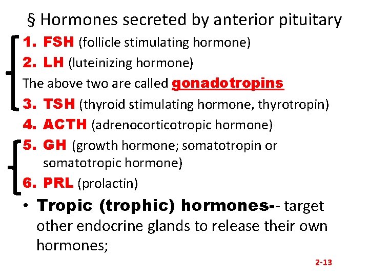 § Hormones secreted by anterior pituitary 1. FSH (follicle stimulating hormone) 2. LH (luteinizing