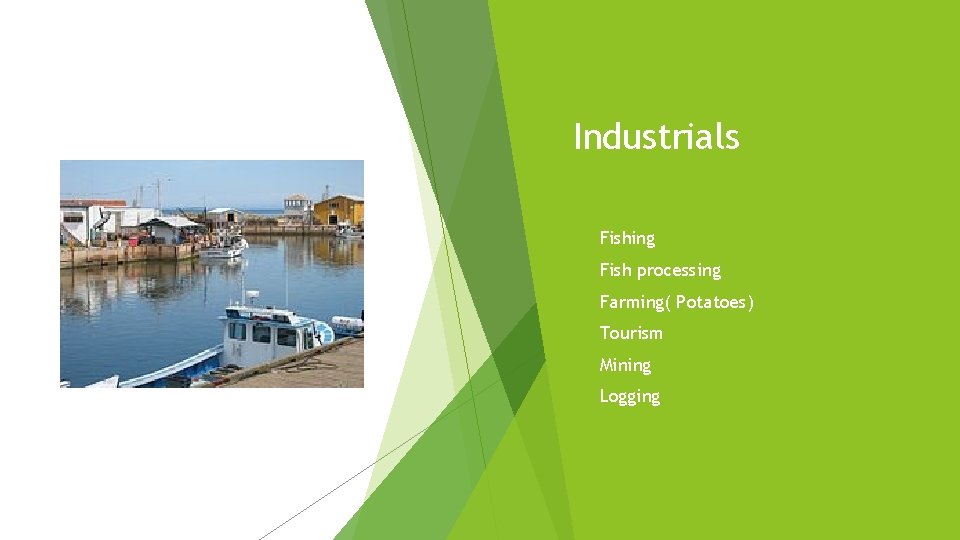 Industrials Fishing Fish processing Farming( Potatoes) Tourism Mining Logging 
