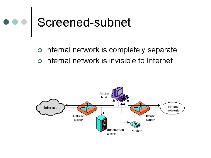 Screened-subnet ¢ ¢ Internal network is completely separate Internal network is invisible to Internet Screened-subnet ¢ ¢ Internal network is completely separate Internal network is invisible to Internet