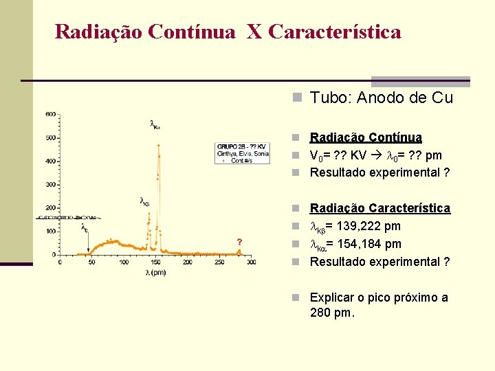 Radiação Contínua X Característica n Tubo: Anodo de Cu n Radiação Contínua n V