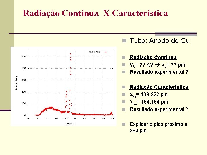 Radiação Contínua X Característica n Tubo: Anodo de Cu n Radiação Contínua n V