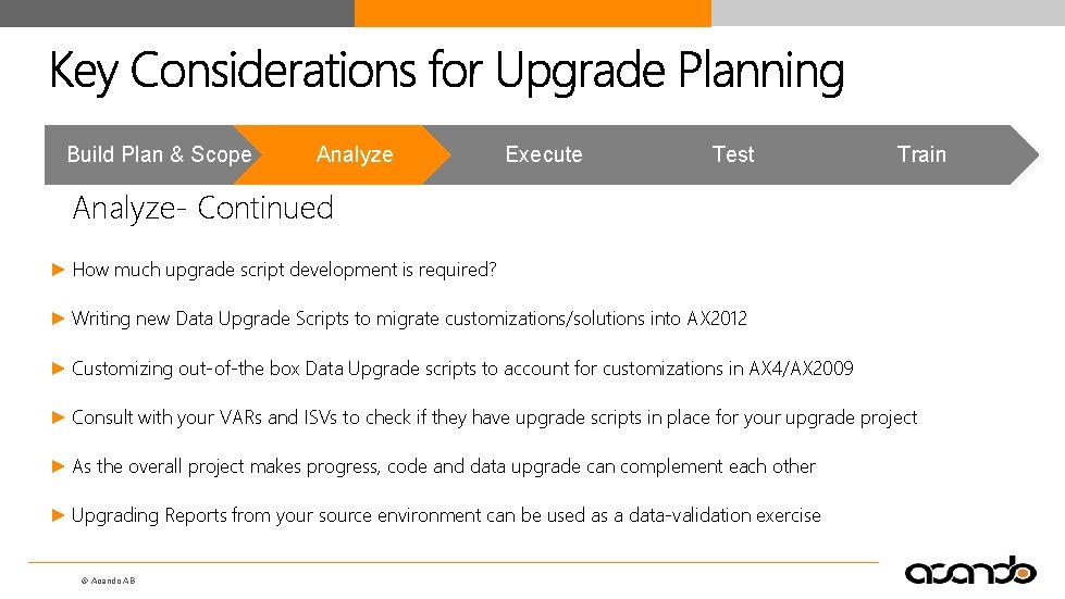 Build Plan & Scope Analyze Execute Test Train Analyze- Continued ► How much upgrade