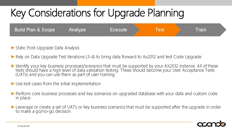 Build Plan & Scope Analyze Execute Test Train ► Static Post-Upgrade Data Analysis ►