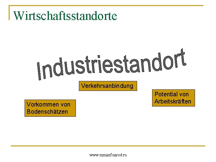 Wirtschaftsstandorte Verkehrsanbindung Potential von Arbeitskräften Vorkommen von Bodenschätzen www. mmaxf. narod. ru 