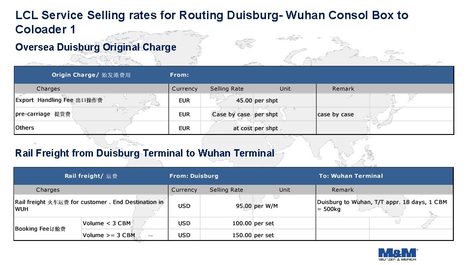 LCL Service Selling rates for Routing Duisburg- Wuhan Consol Box to Coloader 1 Oversea