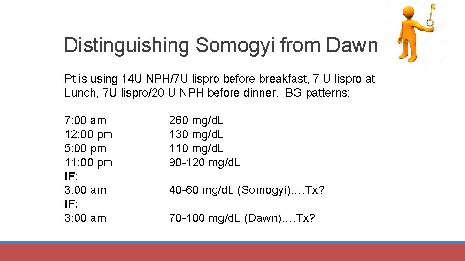 Distinguishing Somogyi from Dawn Pt is using 14 U NPH/7 U lispro before breakfast,