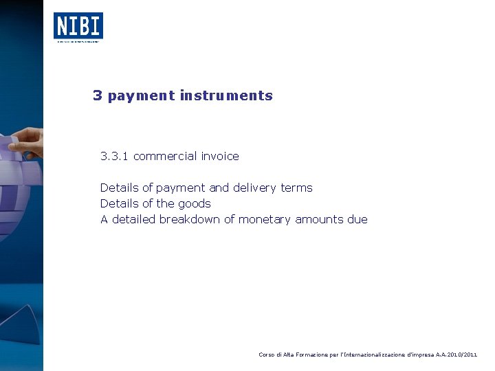 3 payment instruments 3. 3. 1 commercial invoice Details of payment and delivery terms