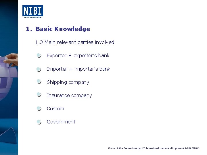 1、Basic Knowledge 1. 3 Main relevant parties involved Exporter + exporter’s bank Importer +