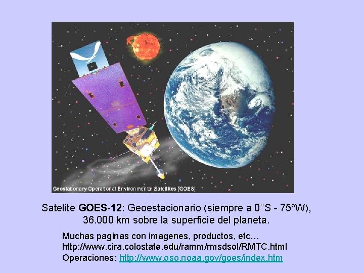 Satelite GOES-12: Geoestacionario (siempre a 0°S - 75 W), 36. 000 km sobre la