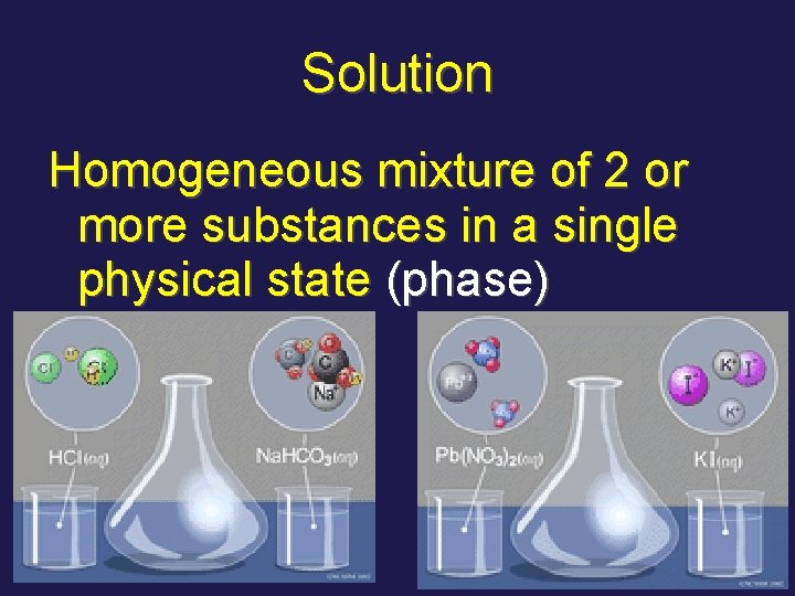 Solution Homogeneous mixture of 2 or more substances in a single physical state (phase)