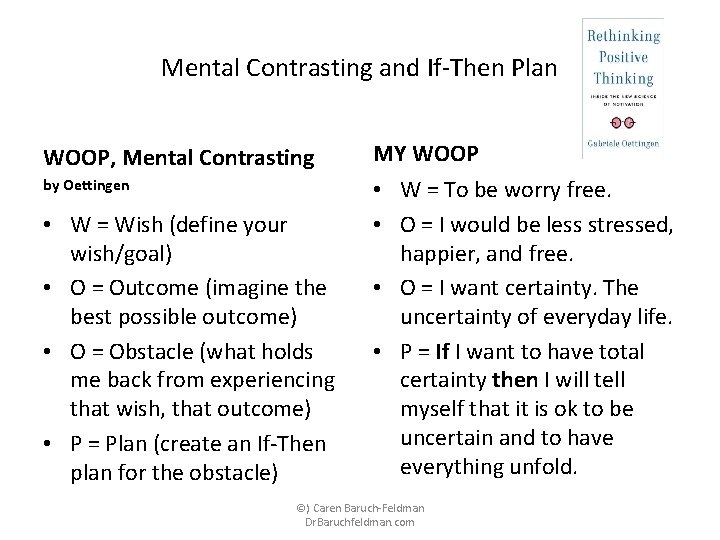 Mental Contrasting and If-Then Plan WOOP, Mental Contrasting MY WOOP by Oettingen • W