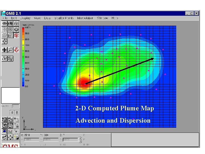 2 -D Computed Plume Map Advection and Dispersion 