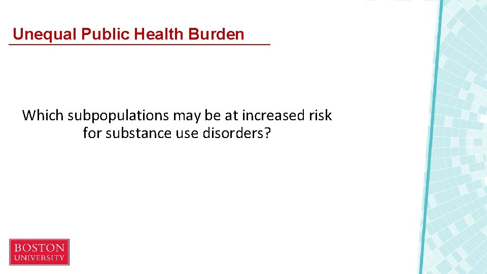 Unequal Public Health Burden Which subpopulations may be at increased risk for substance use