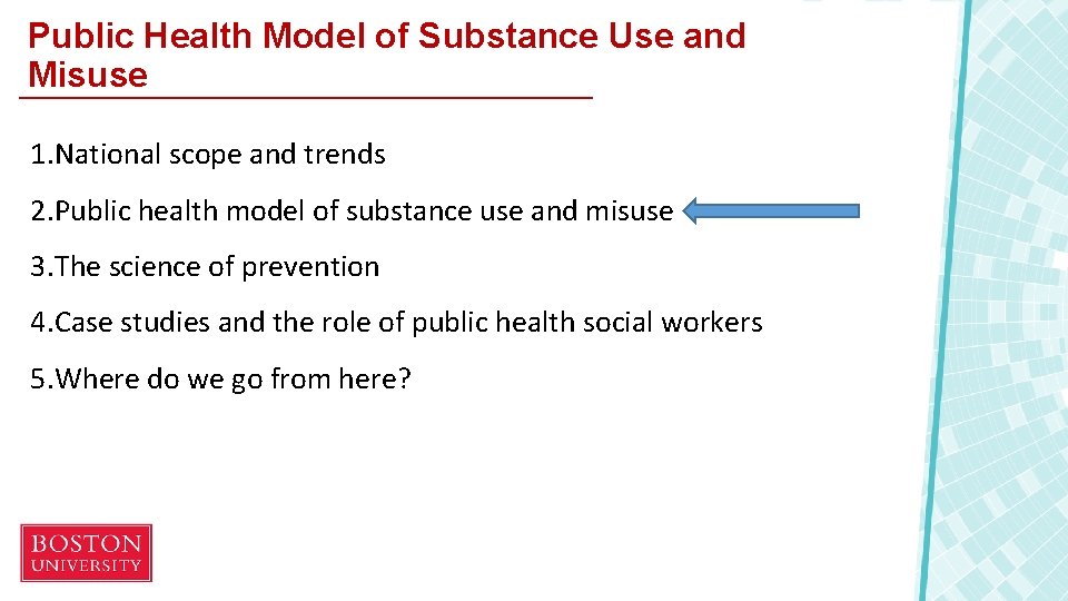 Public Health Model of Substance Use and Misuse 1. National scope and trends 2.