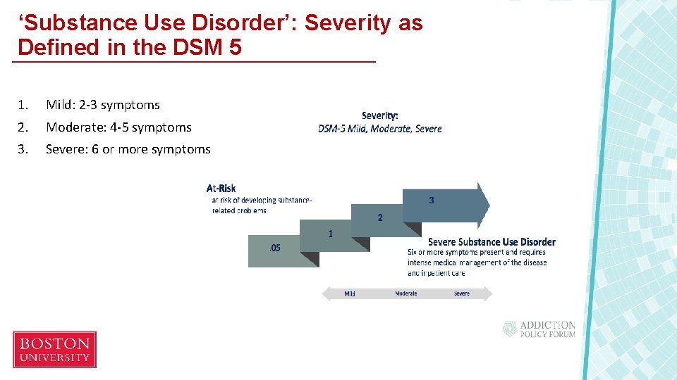 ‘Substance Use Disorder’: Severity as Defined in the DSM 5 1. Mild: 2 -3