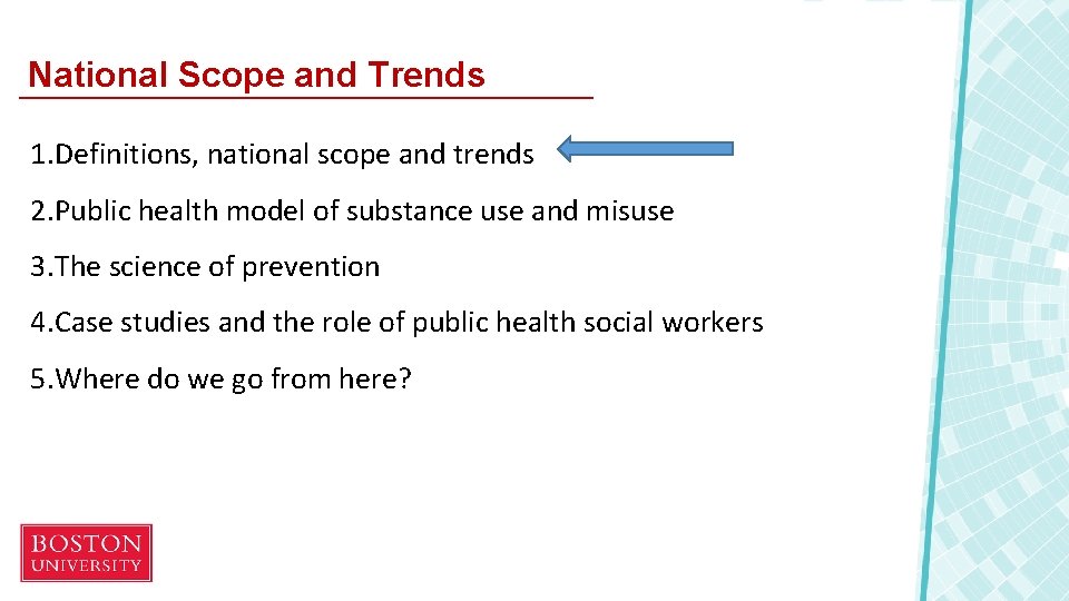 National Scope and Trends 1. Definitions, national scope and trends 2. Public health model