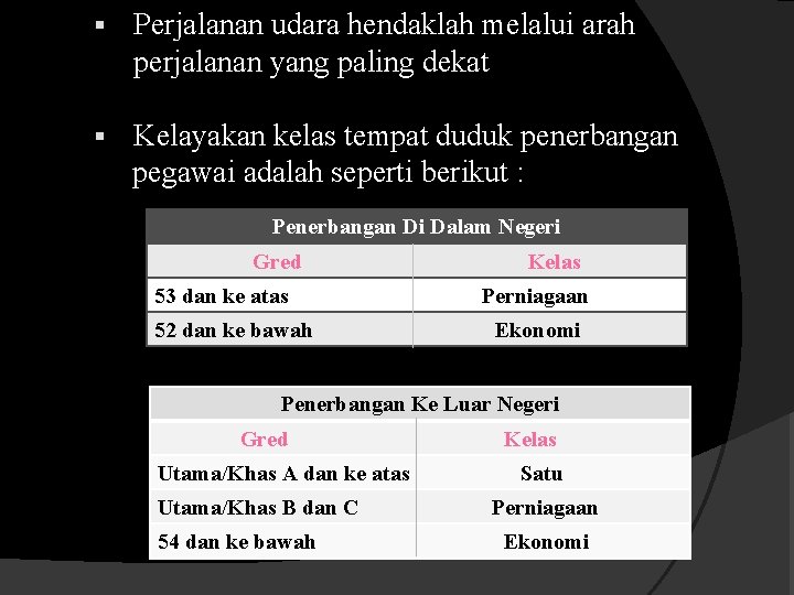 § Perjalanan udara hendaklah melalui arah perjalanan yang paling dekat § Kelayakan kelas tempat