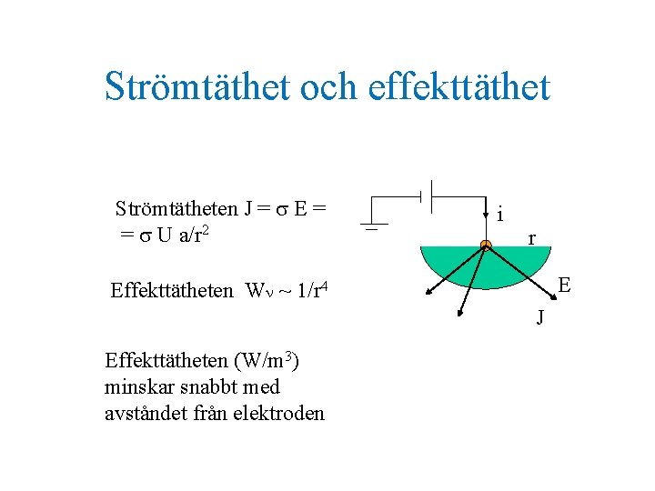 Strömtäthet och effekttäthet Strömtätheten J = s E = = s U a/r 2