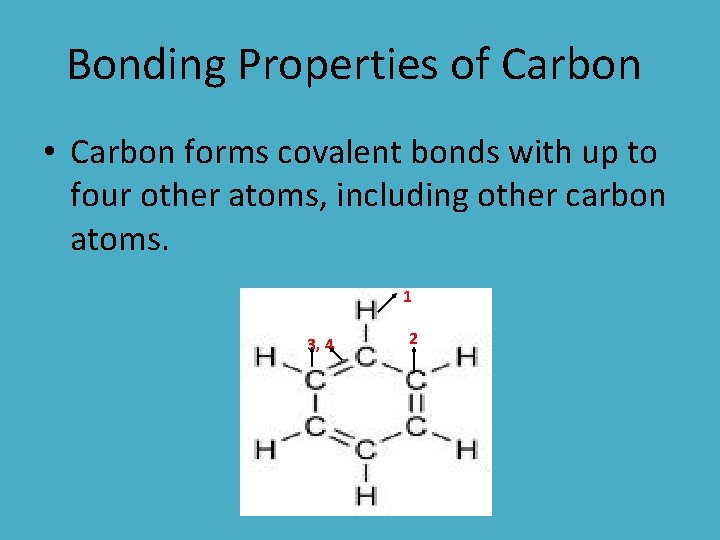 Bonding Properties of Carbon • Carbon forms covalent bonds with up to four other
