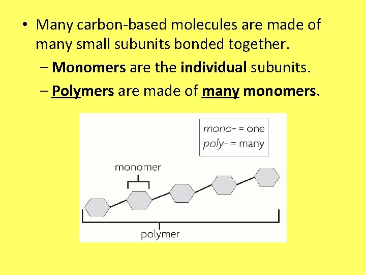 • Many carbon-based molecules are made of many small subunits bonded together. –