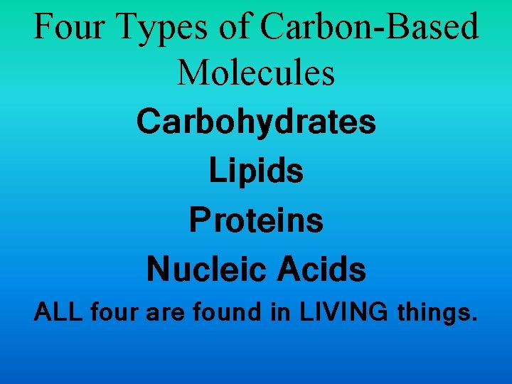 Four Types of Carbon-Based Molecules Carbohydrates Lipids Proteins Nucleic Acids ALL four are found