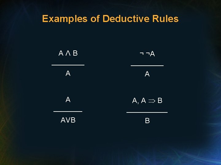 Examples of Deductive Rules AΛB ____ ¬ ¬A ____ A A A _______ A,