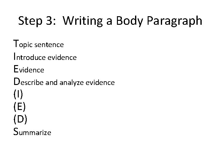 Step 3: Writing a Body Paragraph Topic sentence Introduce evidence Evidence Describe and analyze
