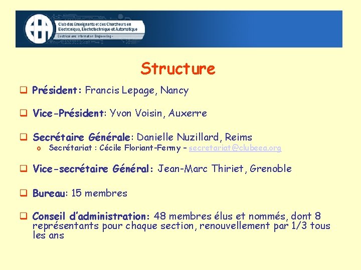 Structure Président: Francis Lepage, Nancy Vice-Président: Yvon Voisin, Auxerre Secrétaire Générale: Danielle Nuzillard, Reims