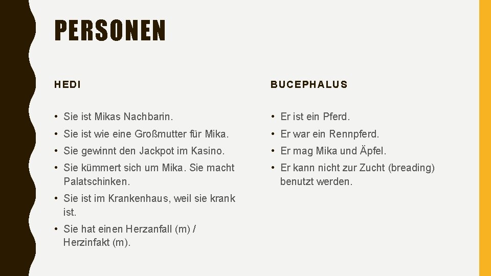 PERSONEN HEDI BUCEPHALUS • Sie ist Mikas Nachbarin. • Er ist ein Pferd. •