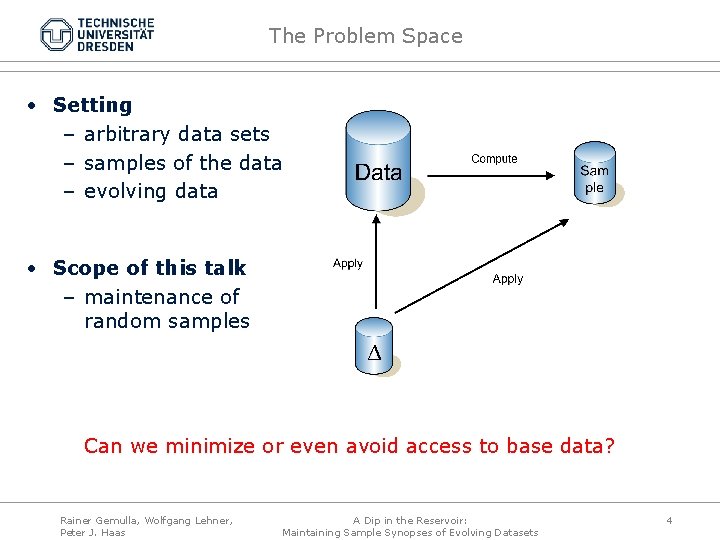 The Problem Space • Setting – arbitrary data sets – samples of the data
